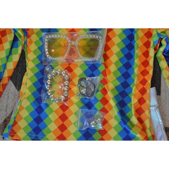 NWT Joy Bang 70s Disco Costume Set Size S with Rainbow Top Silver Bell-Bottoms - Picture 5 of 8